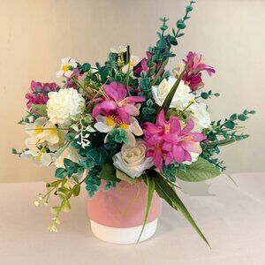 Upcycled Artificial Floral Arrangement Pink Ceramic Pot Cottagecore Spring Decor